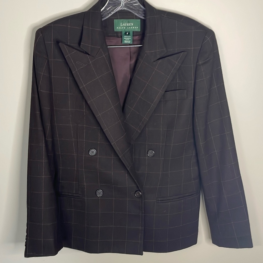 Lauren Ralph Lauren Double-Breasted Windowpane Blazer in Dark Brown